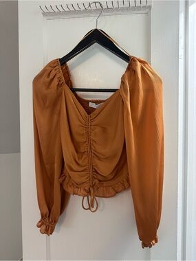 Astr Rust Tie-Front Ruched Long-Sleeve Crop Blouse